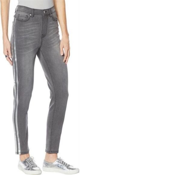 NWT DG2 BY DIANE GILMAN V-STRETCH METALLIC STRIPE SKINNY JEANS GRAY 18WP - Picture 1 of 5